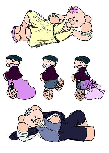 sketches of piggy in a yellow dress with a flower in his hair, in a suit with glasses and a crown and in a leather jacket beanie and skirt with fishnets