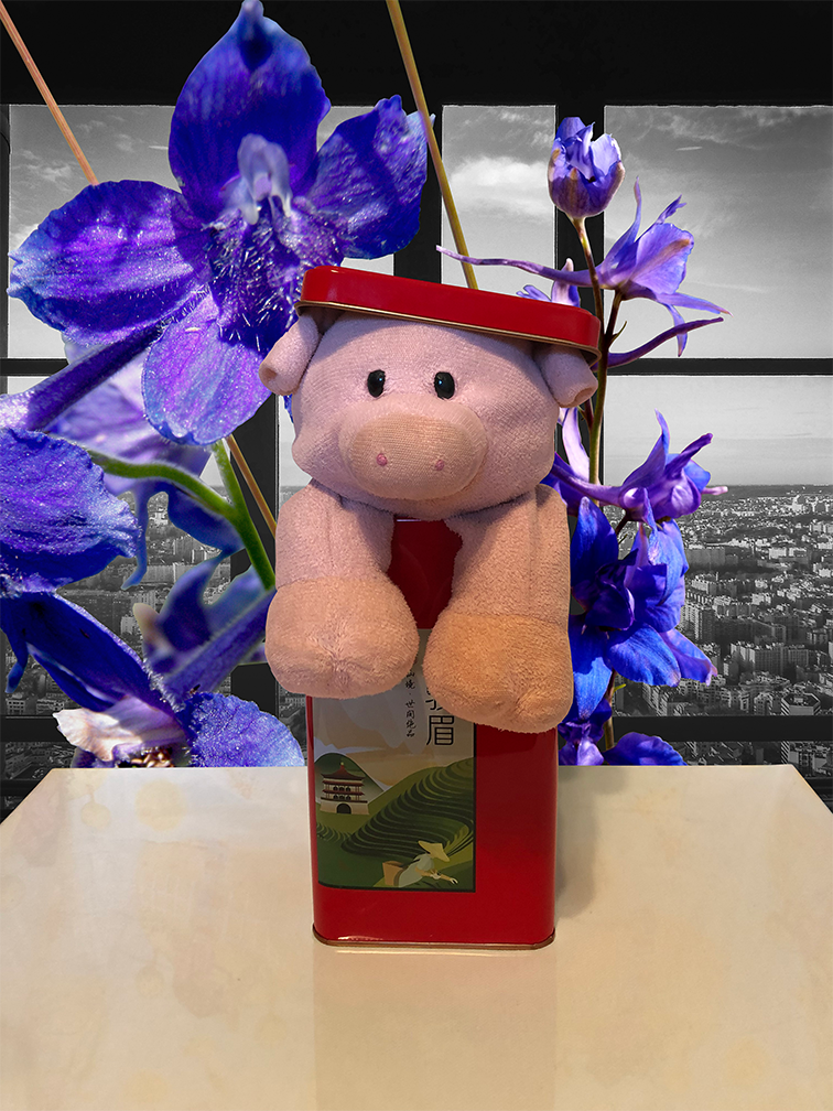 Piggy in a tall tea box with only is face and arms sticking out with flowers in the background