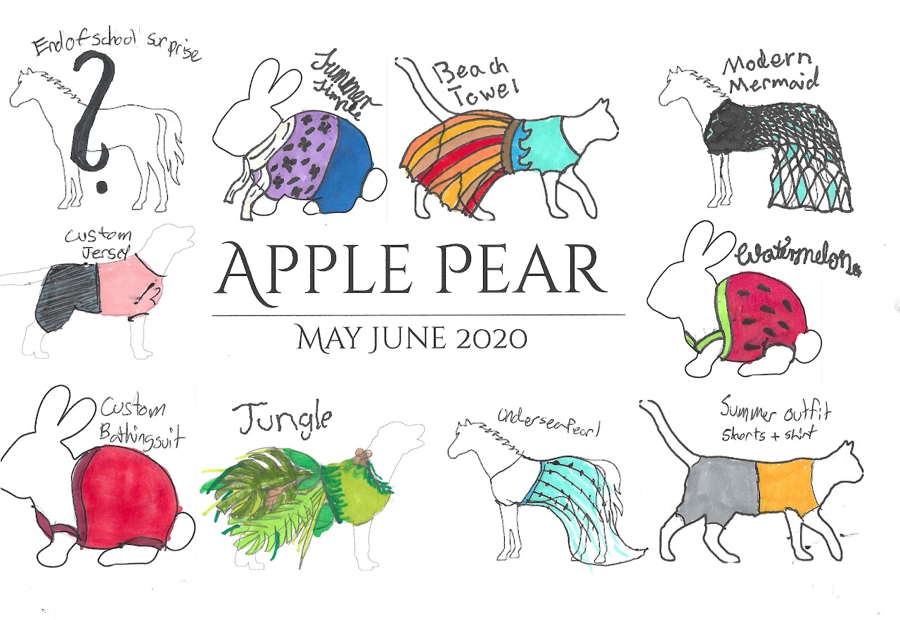 ad from my friend's fictional shop, Apple Pear, with designs for animal clothing
