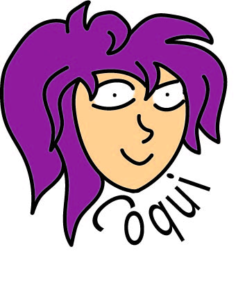 a close up of girl with an intense, crazy expression and wild purple hair underneeth her face is her name, Coqui