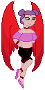 Kaylee with black shorts, a puffy pink crop top on and red braclets, anklets, a choker and a clip.