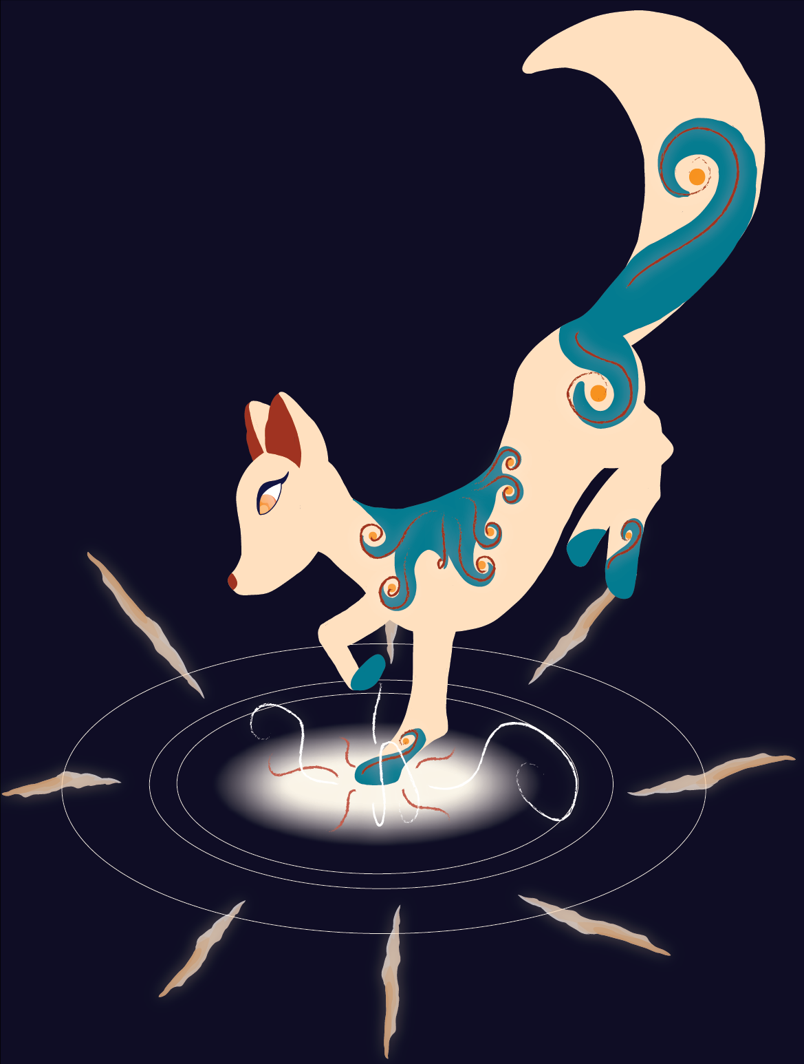 a glowing fox lands with one paw on a black background with a glowing swirly pattern stretching out beneath it's foot