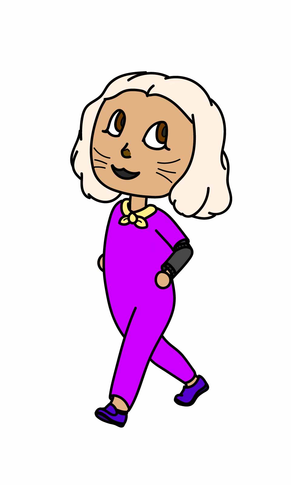 an animal crossing girl with white hair and tan skin in a purple pantsuit smiles as she walks