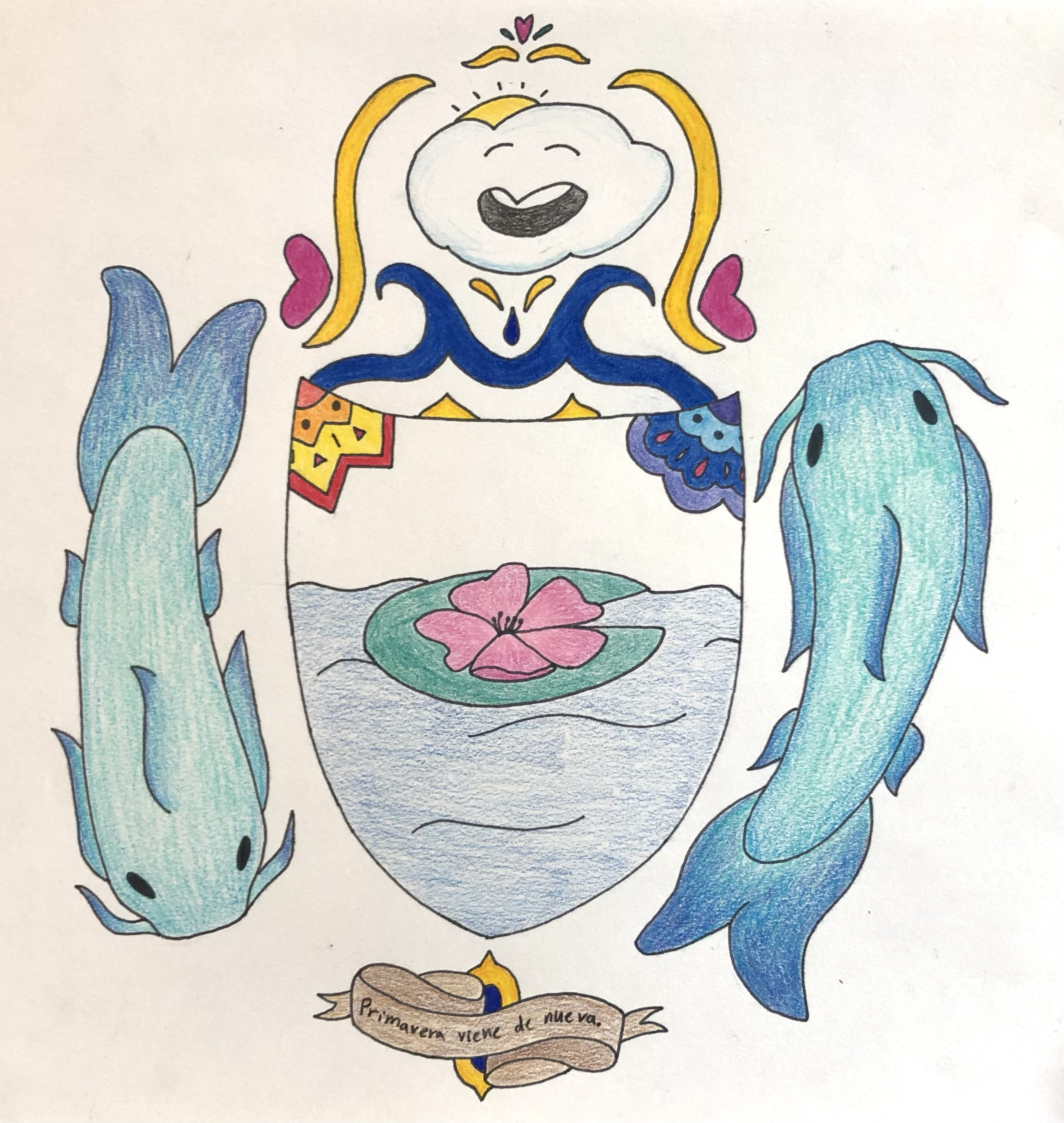 a colored pencil coat of arms with two coi fish swimming around it, on the sheild is a drawing of a lily pad, and below it are the words 'Primavera viene de nueva'