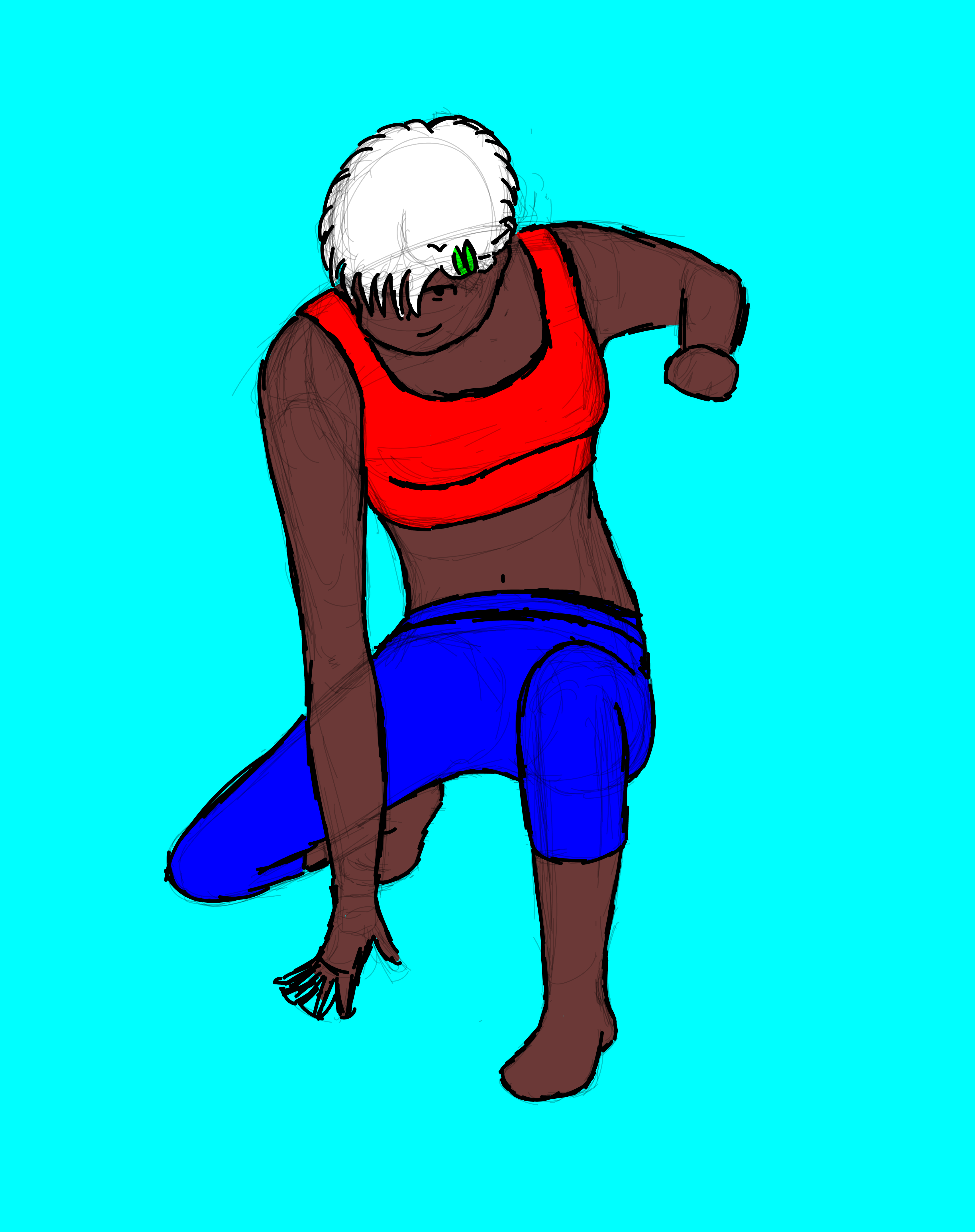 a girl with white hair and neon workout clothes crouches in an action pose