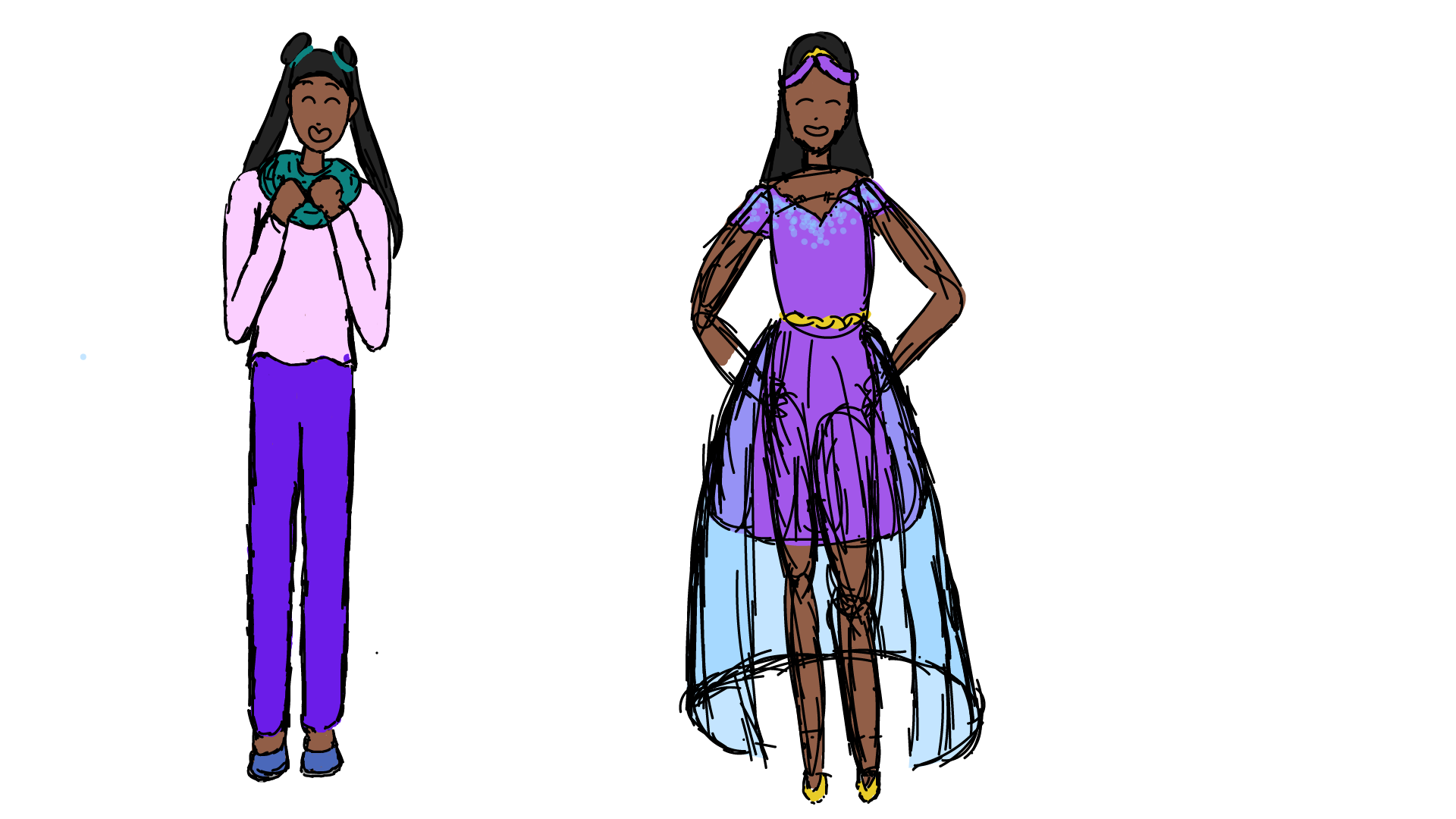 two versions of an indian girl with black hair done up in two space buns with long tails like sailor moon, one in casual clothes and one in a fancy dress