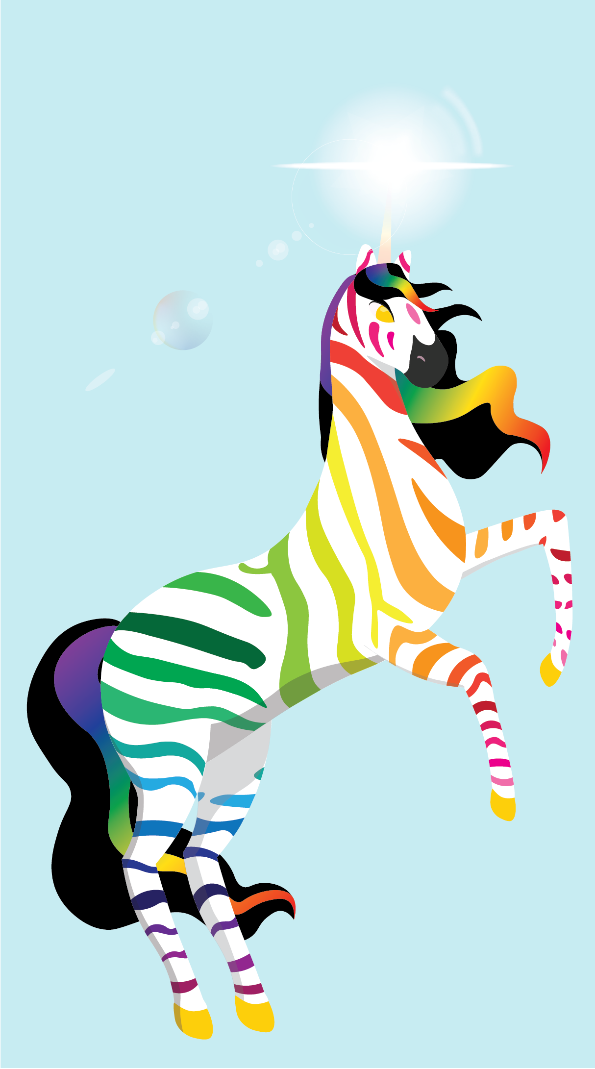 rainbow zebra unicorn rears up on its hind legs as light shines at it's horn