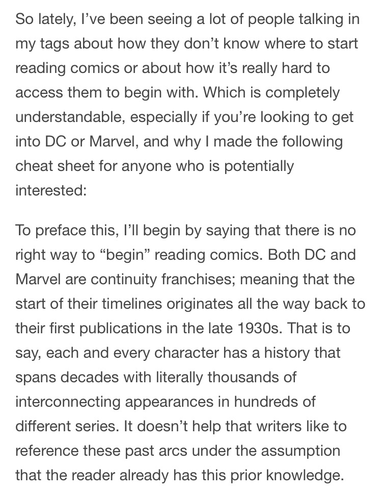 a post on where to start reading comics, click on it to read the whole thing because I'm not typing this out