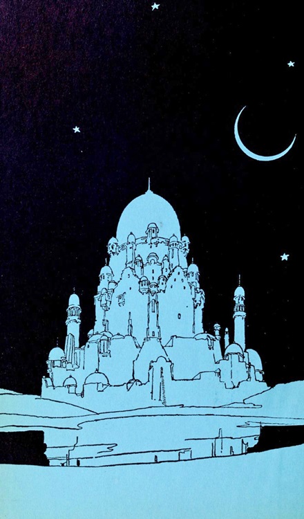 an old story book drawing of a lone castle in the night