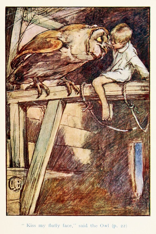 an old story book drawing of a boy meeting a very big and friendly owl