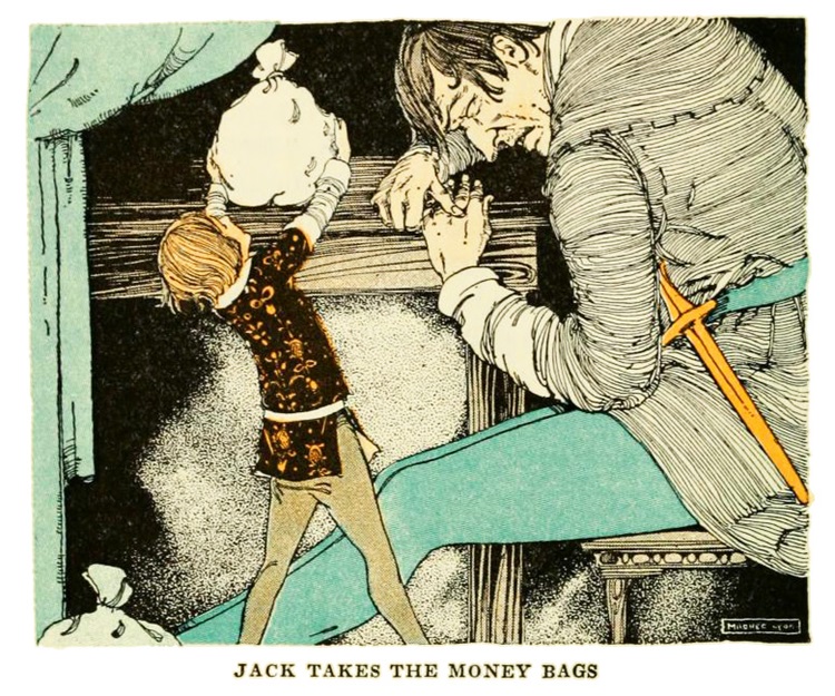 an old story book drawing of a young man stealing a bag of coins from a giant