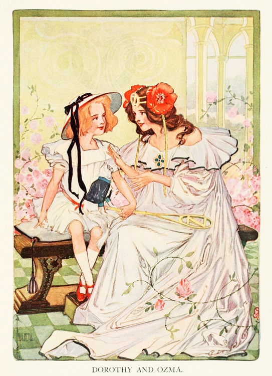 an old story book drawing of a beutiful lady talking to a young girl