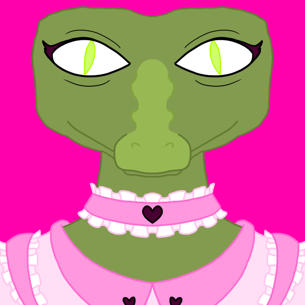 a drawing of a crocidile in a pink maid outfit