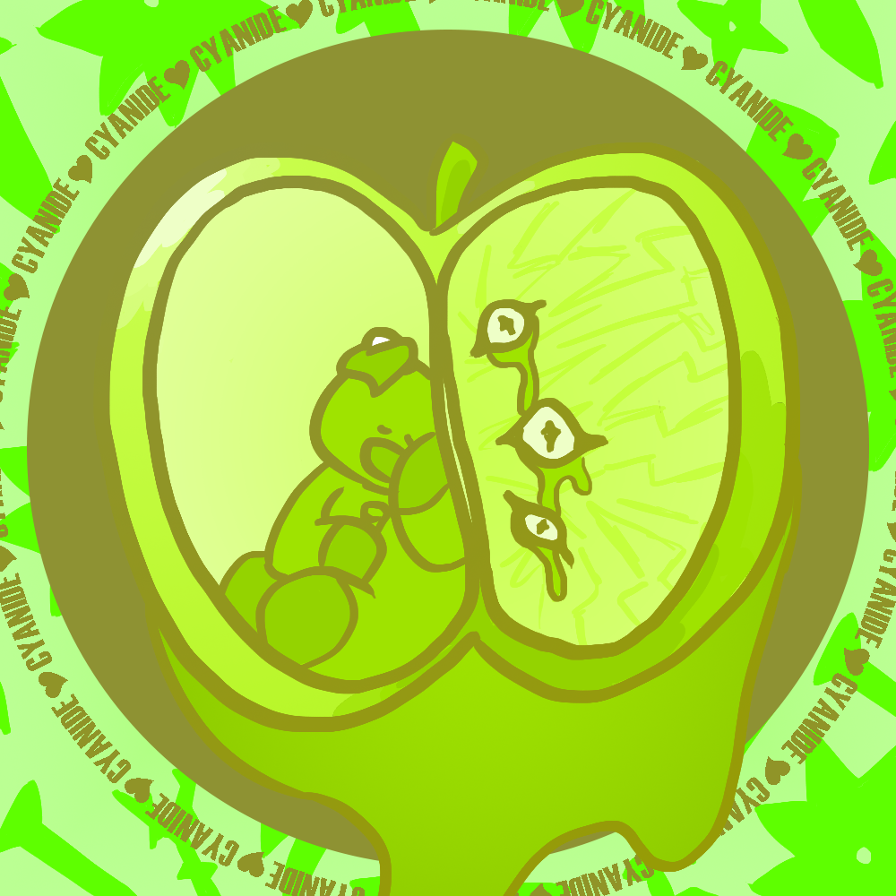 drawing of a fake albumb cover with a bight green apple in the center with three eyes in place of seed on the left side and a stuffed pig with a microphone sitting in the other side. The albumb name cyanide is repeated in a circle around it