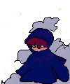 person with red hair with a blue cloak for a body sitting on clouds with stars blinking around them