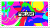 stamp with a glitching doodles in bright colors and a monochrome unreadable textbox in the center